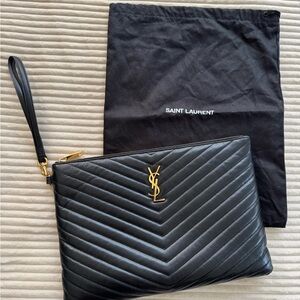 Saint Laurent Black Quilted Chevron Leather Wristlet with Gold YSL Logo